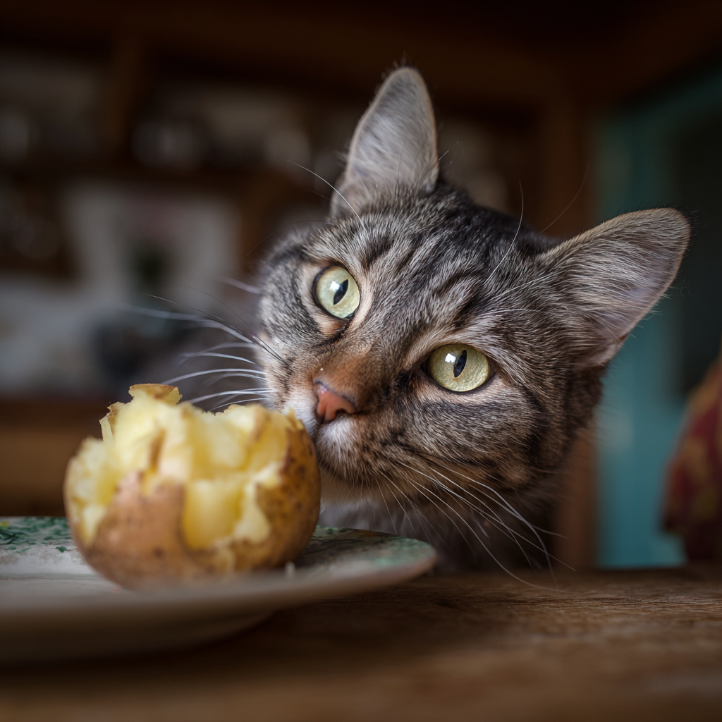 chat qui mange une pomme de terre